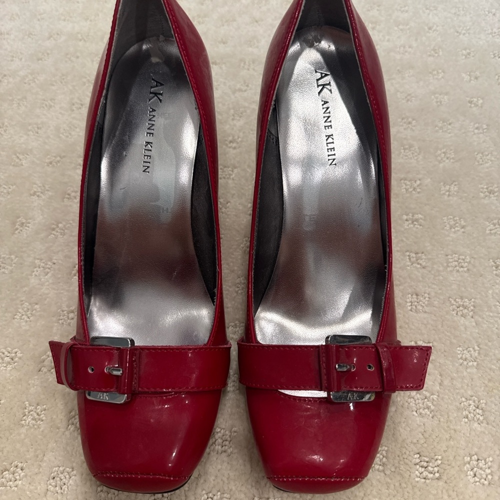 Anne Klein Red Patent Leather Buckle Pumps | Square Toe - Picture 3 of 9